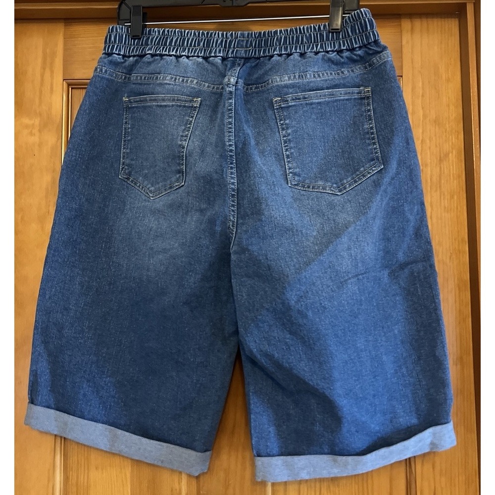 Flamingals Women's Blue Denim Bermuda Shorts Sz 2XL Elastic Waist Drawstring - Picture 2 of 6